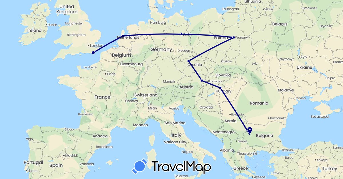 TravelMap itinerary: driving in Austria, Bulgaria, Czech Republic, Germany, United Kingdom, Hungary, Netherlands, Poland (Europe)